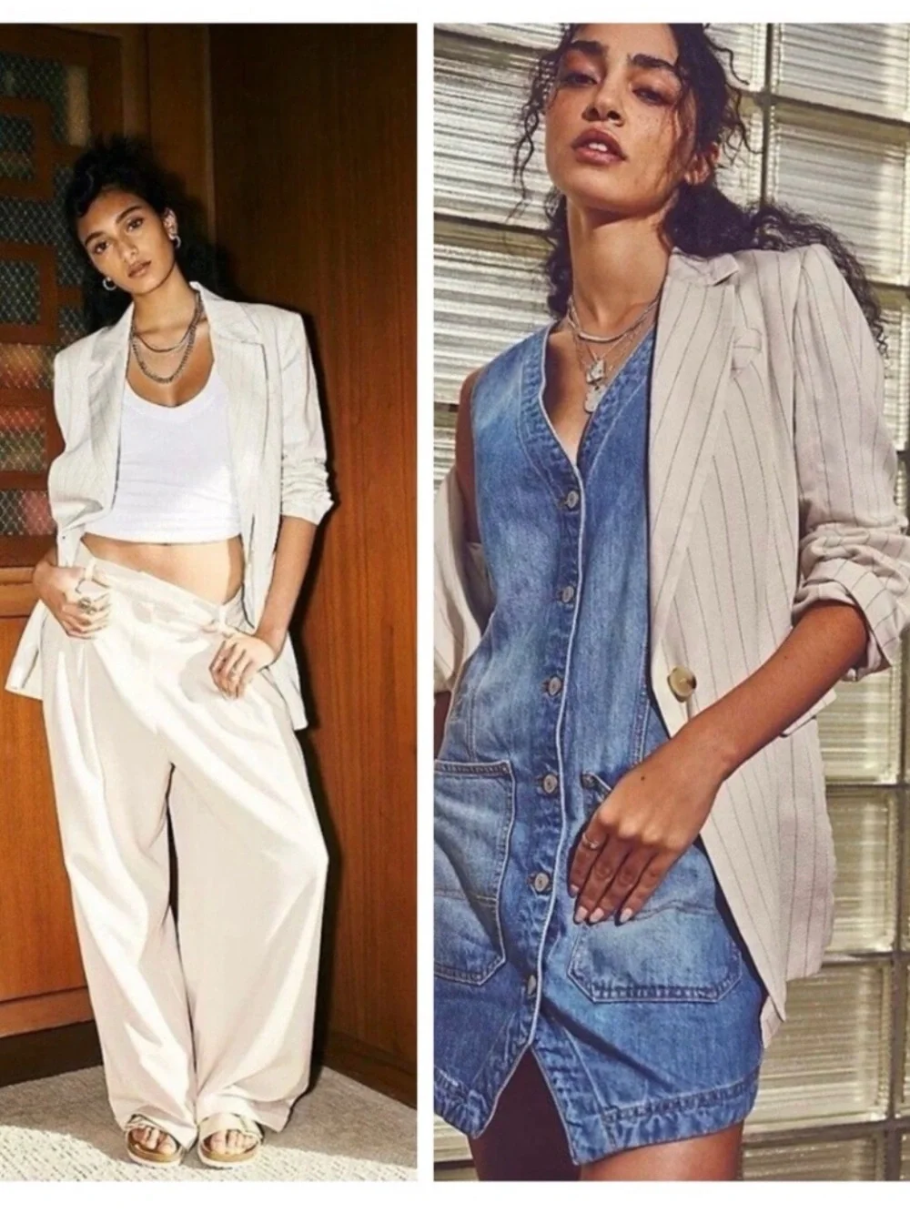 Free People Light Beige Linen blend pinstripe Blazer. Lagenlook. Relaxed fit. S